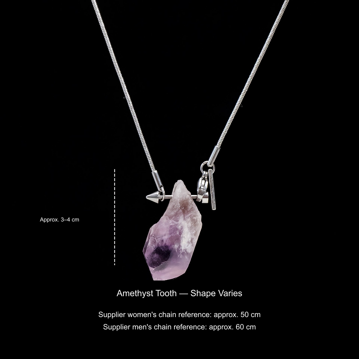 Original stone and Cupid-arrow necklace photograph; English supplier material, size and50/60cm chain references.