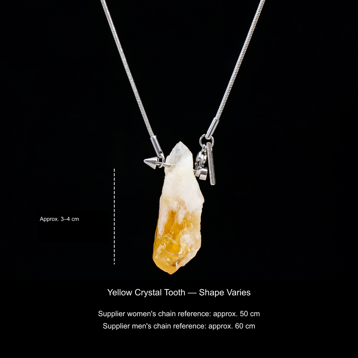 Original stone and Cupid-arrow necklace photograph; English supplier material, size and50/60cm chain references.