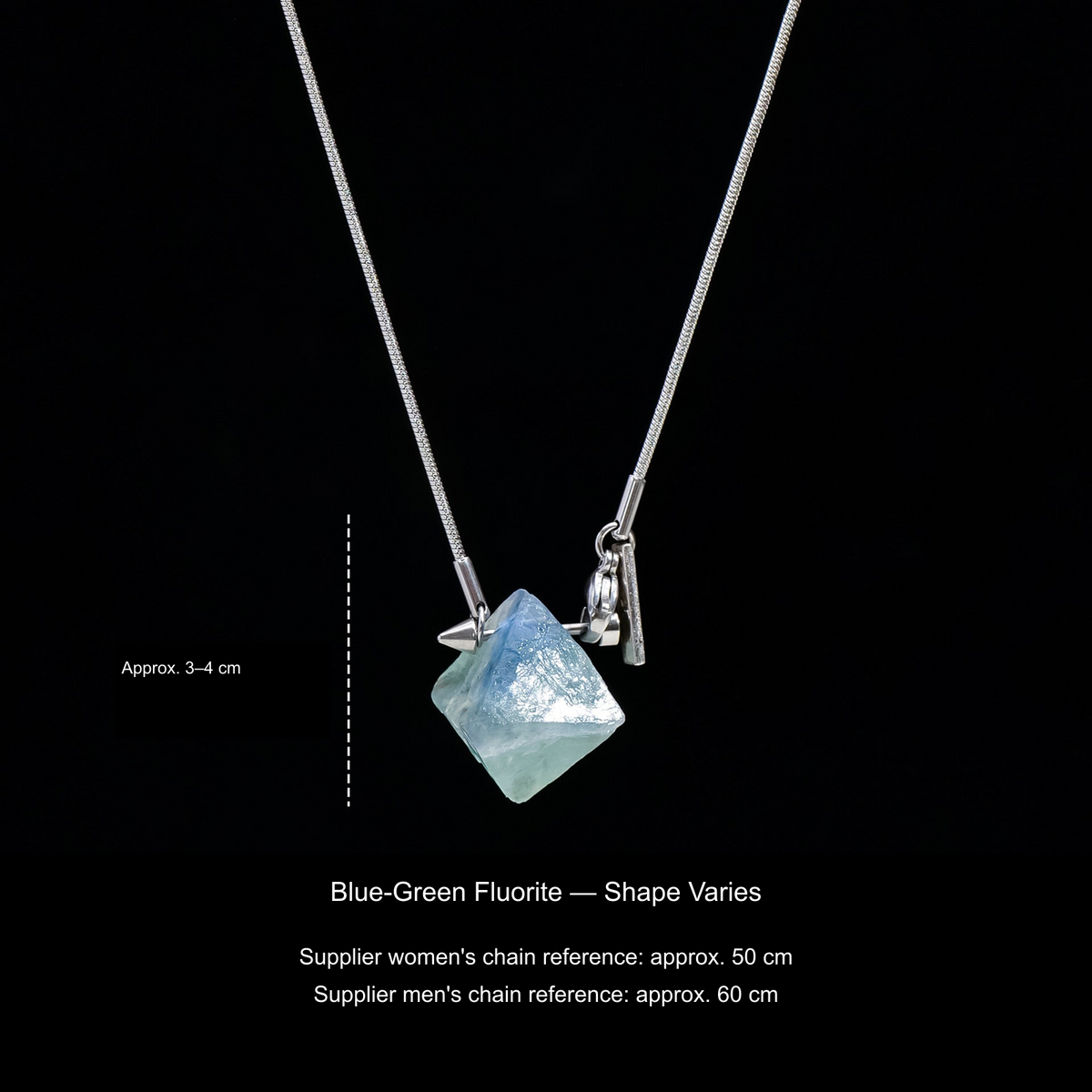 Original stone and Cupid-arrow necklace photograph; English supplier material, size and50/60cm chain references.