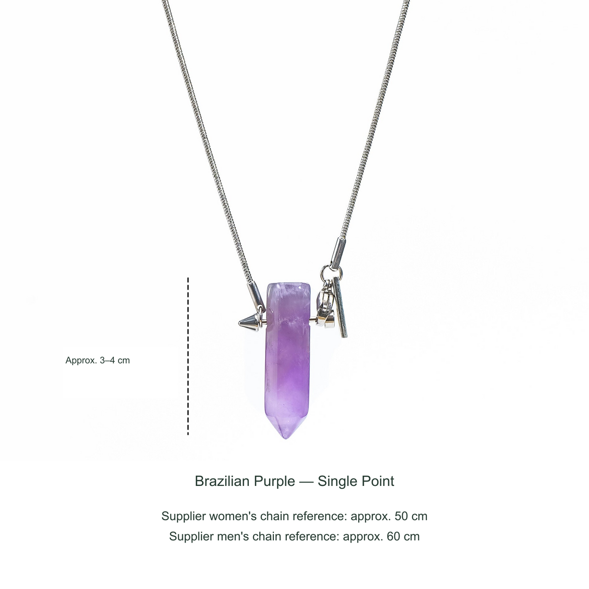 Original Brazilian Purple single-point Cupid-arrow necklace; English supplier material, approximate size and50/60cm chain references.