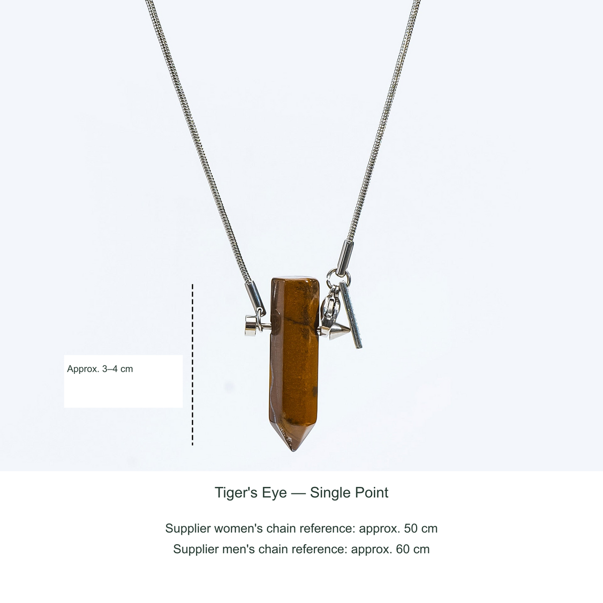 Original stone and Cupid-arrow necklace photograph; English supplier material, size and50/60cm chain references.