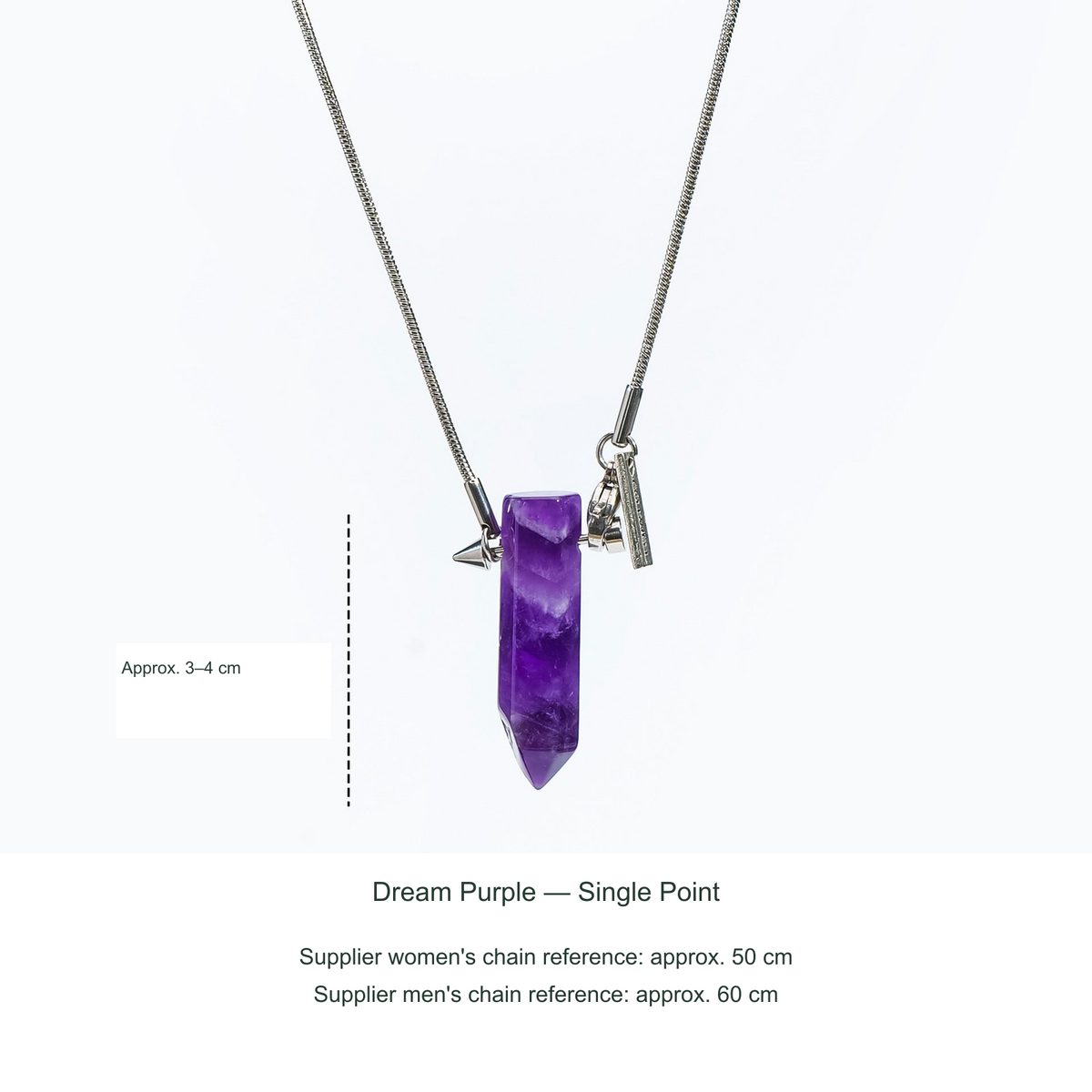 Original stone and Cupid-arrow necklace photograph; English supplier material, size and50/60cm chain references.