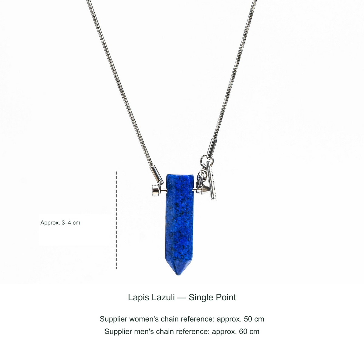 Original stone and Cupid-arrow necklace photograph; English supplier material, size and50/60cm chain references.