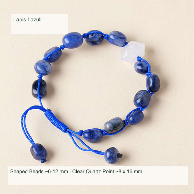 Original double-point quartz and shaped stone cord bracelet with English supplier material and size labels; product unchanged