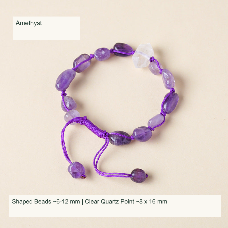 Original double-point quartz and shaped stone cord bracelet with English supplier material and size labels; product unchanged
