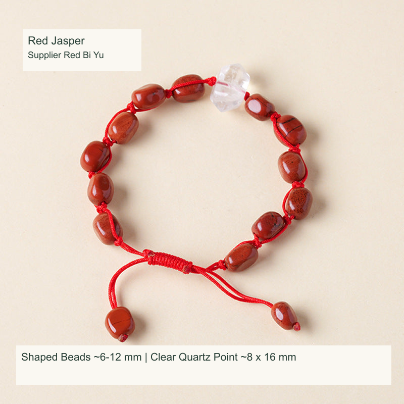 Original double-point quartz and shaped stone cord bracelet with English supplier material and size labels; product unchanged
