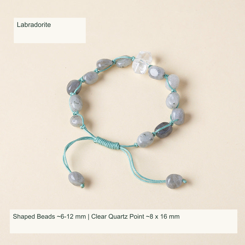 Original double-point quartz and shaped stone cord bracelet with English supplier material and size labels; product unchanged