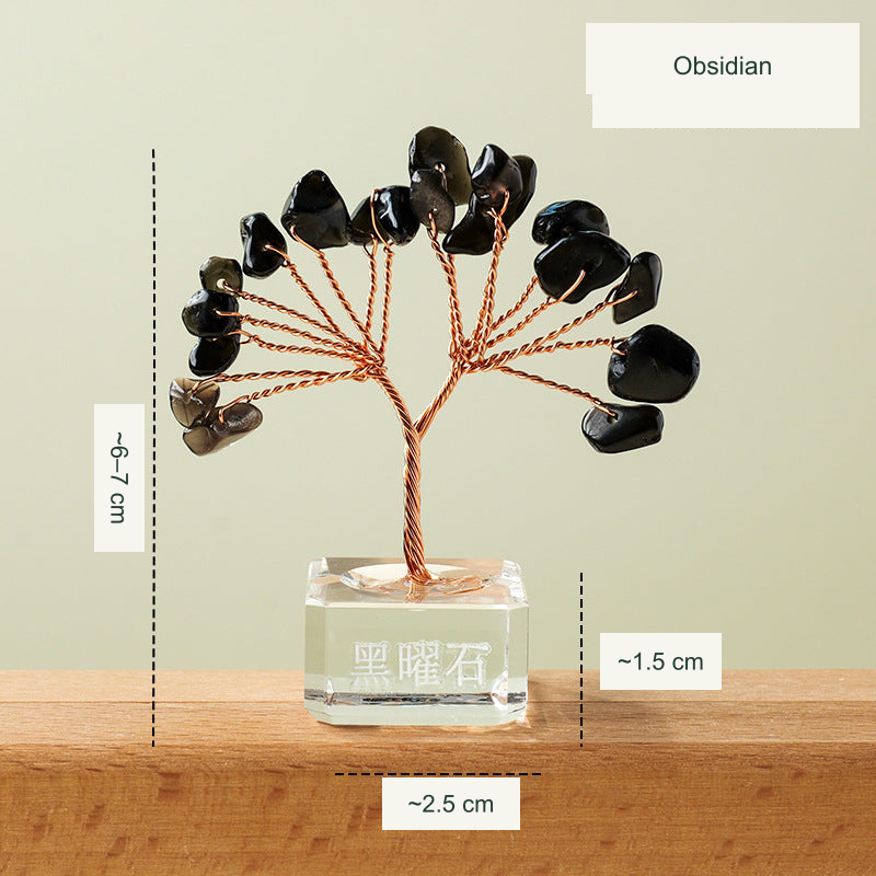 Mini fan tree original product photograph with equivalent English material and size labels; physical Chinese engraving retained
