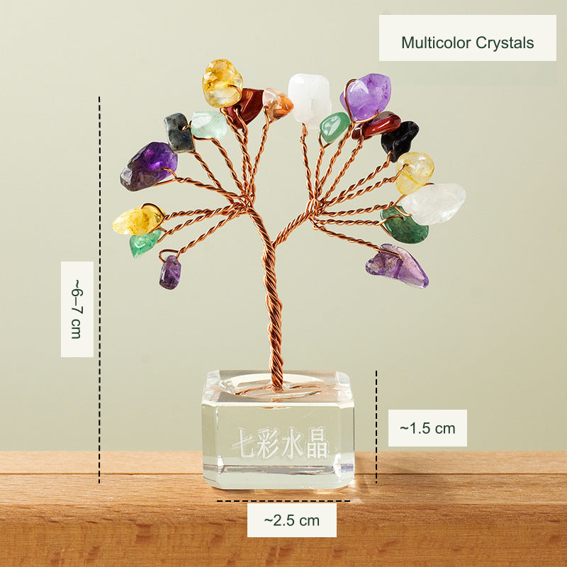 Multicolor crystal-chip miniature fan tree with original engraved glass base; approximate dimensions 6–7 cm, 1.5 cm and 2.5 cm