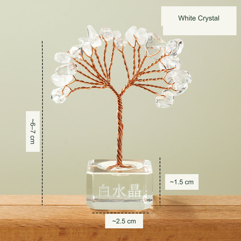 White Crystal mini fan tree; approximately 6–7 cm tall, glass base 1.5 cm high and 2.5 cm wide; original physical engraving retained