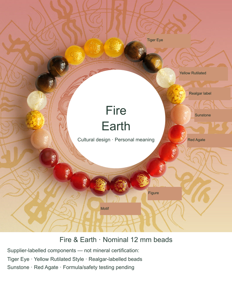 Five Elements bracelet Fire and Earth, nominal 12 mm, actual supplier reference photograph with English labels
