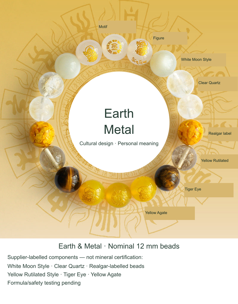 Five Elements bracelet Earth and Metal, nominal 12 mm, actual supplier reference photograph with English labels