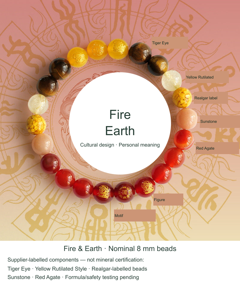 Five Elements bracelet Fire and Earth, nominal 8 mm, actual supplier reference photograph with English labels