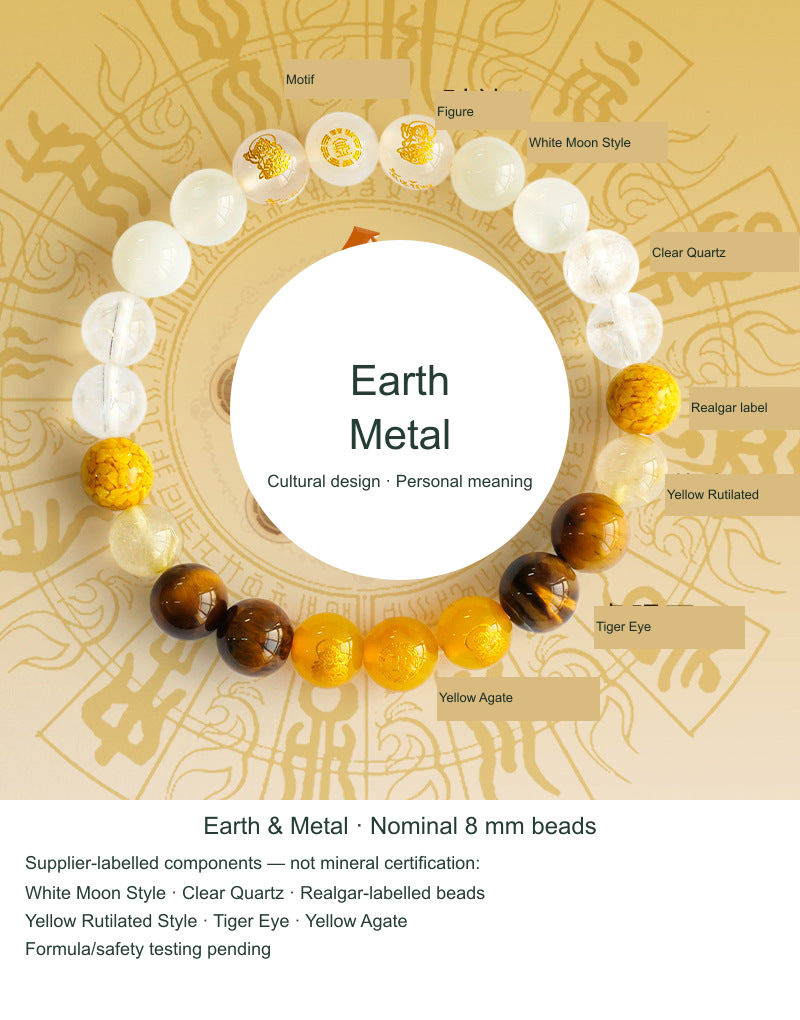 Five Elements bracelet Earth and Metal, nominal 8 mm, actual supplier reference photograph with English labels