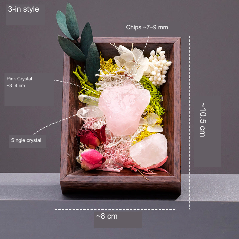Rose Quartz flower frame; English source-photo captions