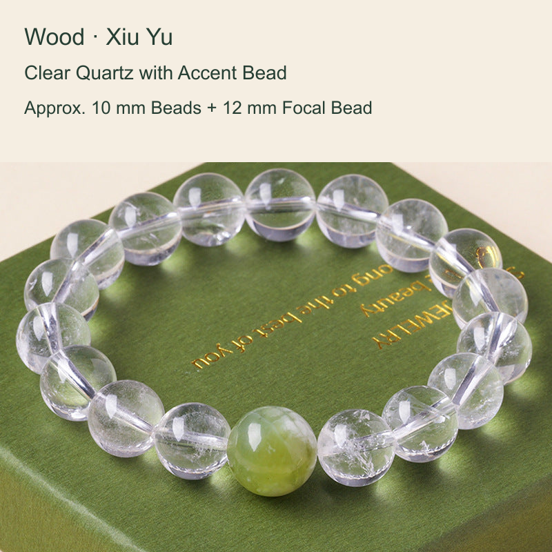 Clear quartz focal bead bracelet with English material and size labels