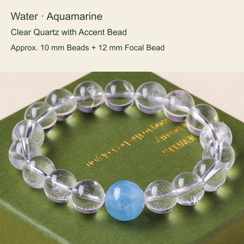 Clear quartz focal bead bracelet with English material and size labels