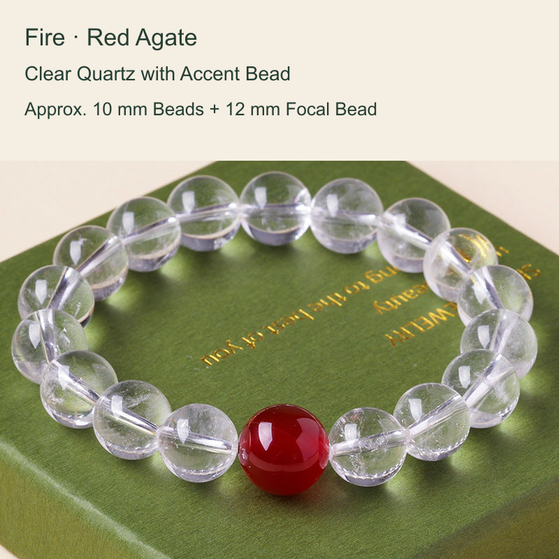 Clear quartz focal bead bracelet with English material and size labels