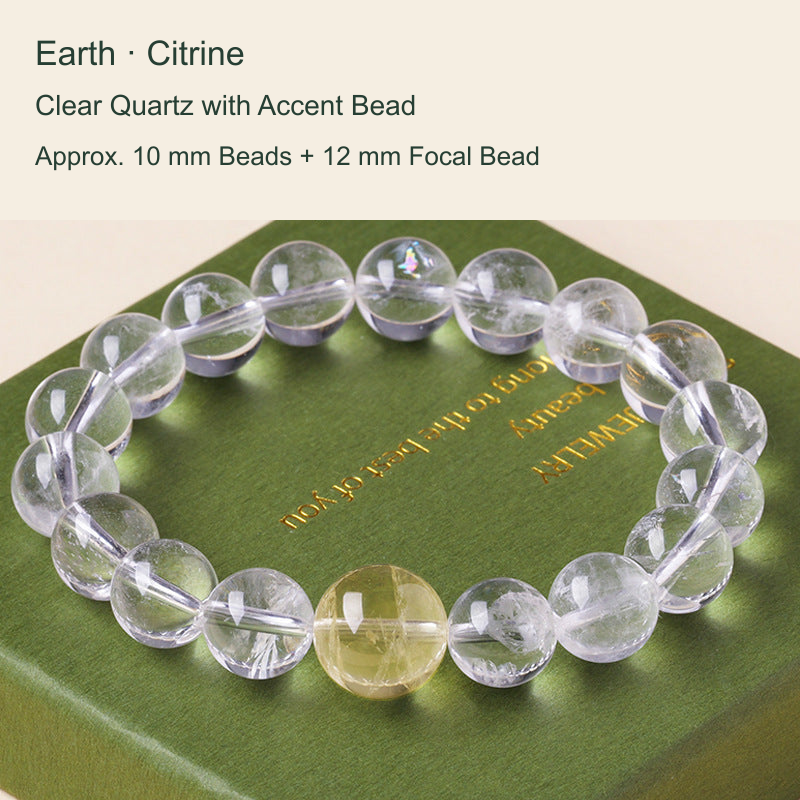 Clear quartz focal bead bracelet with English material and size labels