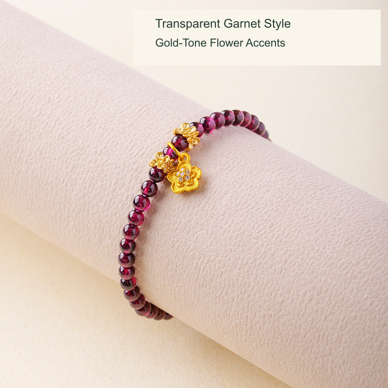 Transparent garnet bracelet Gold-tone flower accents original photo English label