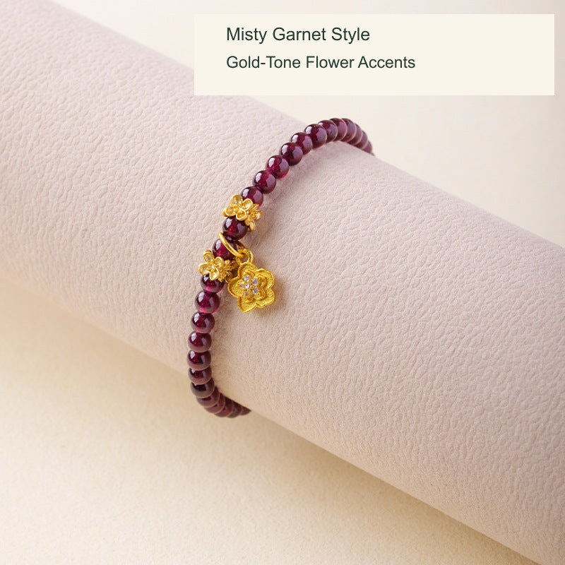 Misty garnet bracelet Gold-tone flower accents original photo English label