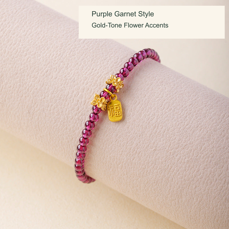 Purple garnet bracelet Gold-tone flower accents original photo English label