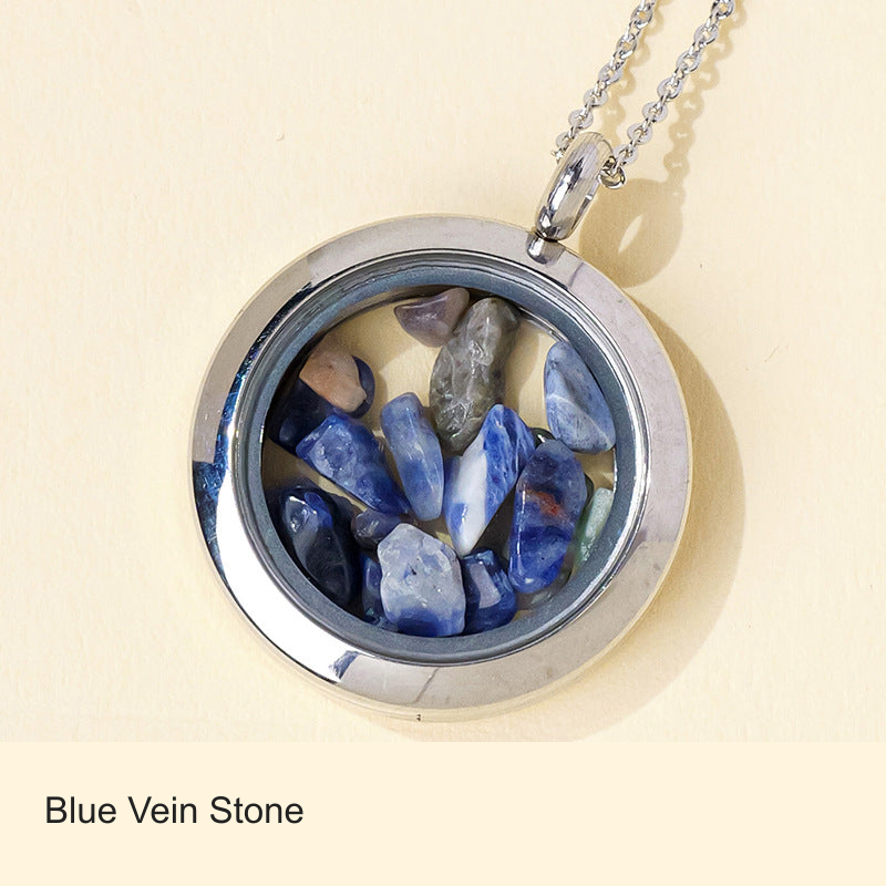 Original stone-filled circular pendant photo with equivalent English label; real contents, frame and chain unchanged