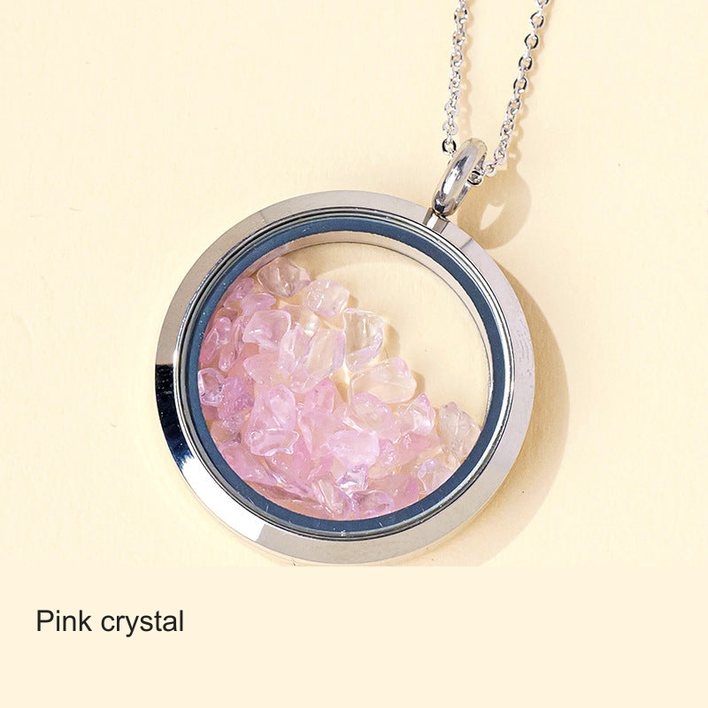 Stone-Filled Circular Pendant — 2.5 or 3 cm, Optional Chain — 3 cm · Rose Quartz / Needle Chain
