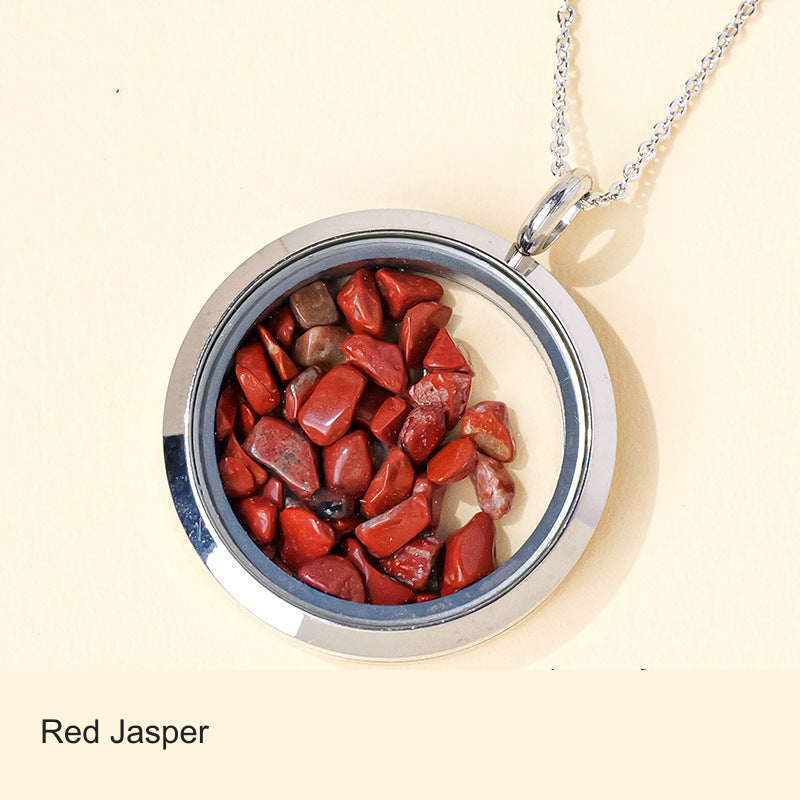 Original stone-filled circular pendant photo with equivalent English label; real contents, frame and chain unchanged