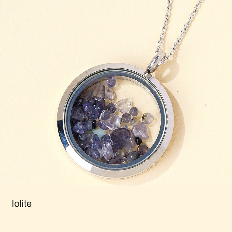 Original stone-filled circular pendant photo with equivalent English label; real contents, frame and chain unchanged