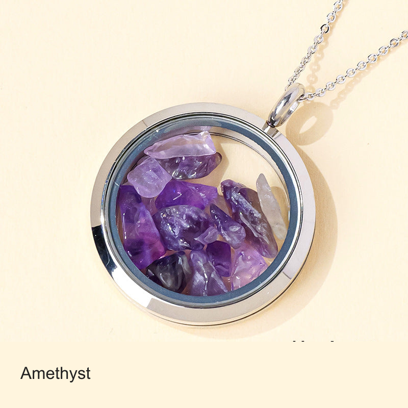 Original stone-filled circular pendant photo with equivalent English label; real contents, frame and chain unchanged