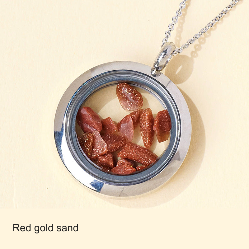 Original stone-filled circular pendant photo with equivalent English label; real contents, frame and chain unchanged