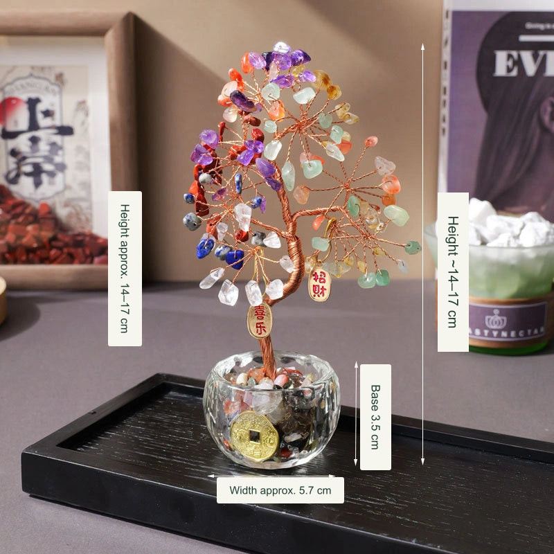 Original glass-bowl tree SKU photo: remaining Chinese height 14–17 cm translated; all chips, bowl fill, coin details, real Chinese charms and existing size information retained.