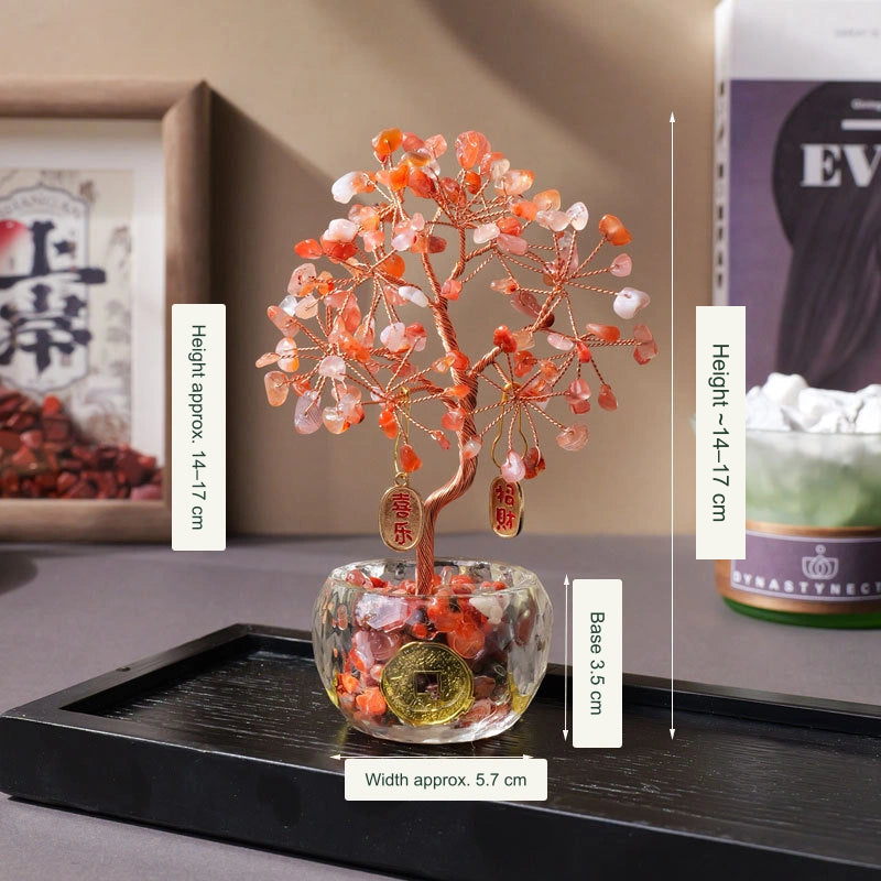 Original glass-bowl tree SKU photo: remaining Chinese height 14–17 cm translated; all chips, bowl fill, coin details, real Chinese charms and existing size information retained.
