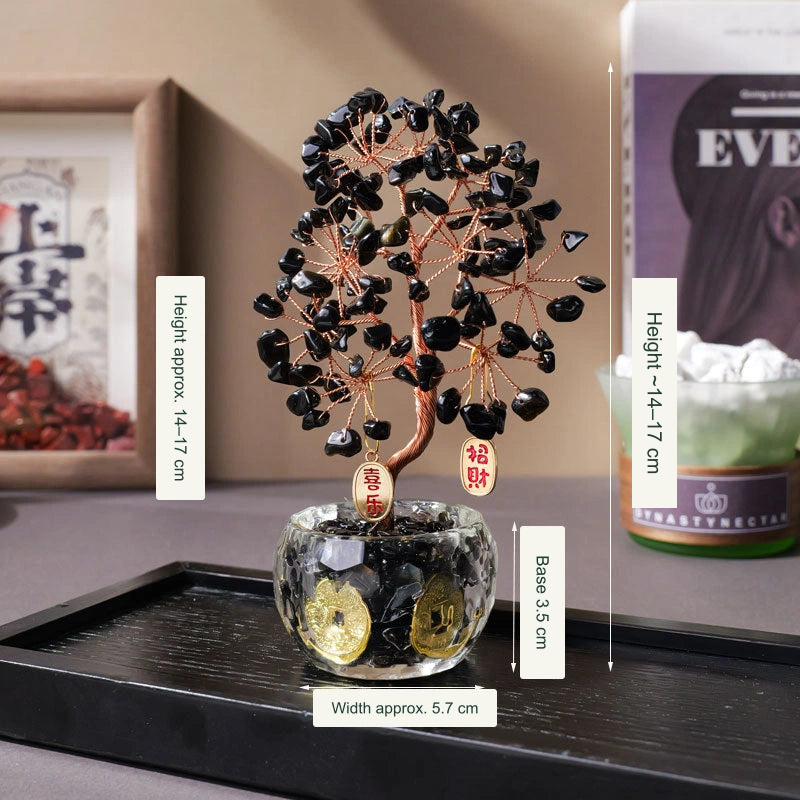 Original glass-bowl tree SKU photo: remaining Chinese height 14–17 cm translated; all chips, bowl fill, coin details, real Chinese charms and existing size information retained.