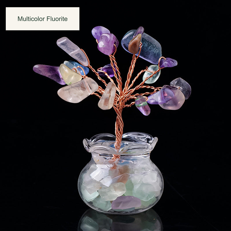 Original glass-jar stone tree photograph with equivalent English caption and size references; genuine charm inscriptions and product colors retained