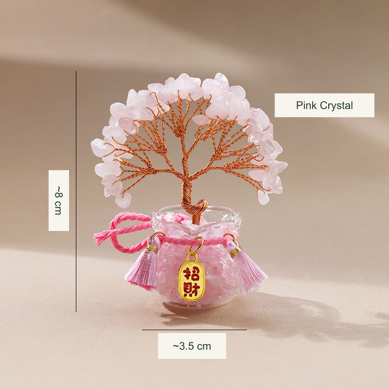 Original glass-jar stone tree photograph with equivalent English caption and size references; genuine charm inscriptions and product colors retained