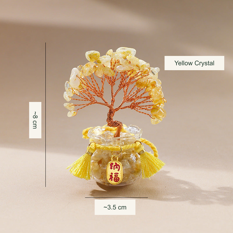 Original glass-jar stone tree photograph with equivalent English caption and size references; genuine charm inscriptions and product colors retained