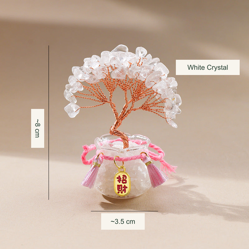 Original glass-jar stone tree photograph with equivalent English caption and size references; genuine charm inscriptions and product colors retained