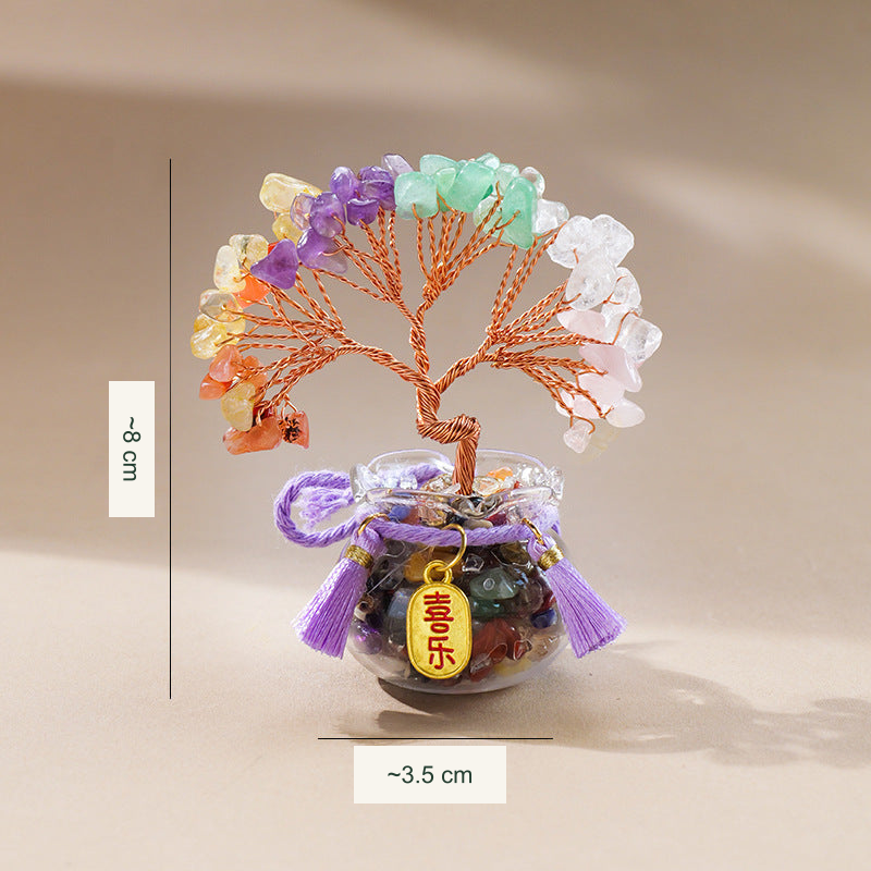 Original glass-jar stone tree photograph with equivalent English caption and size references; genuine charm inscriptions and product colors retained