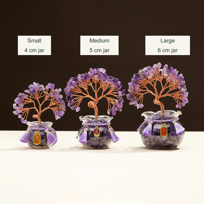 Original glass-jar stone tree photograph with equivalent English caption and size references; genuine charm inscriptions and product colors retained