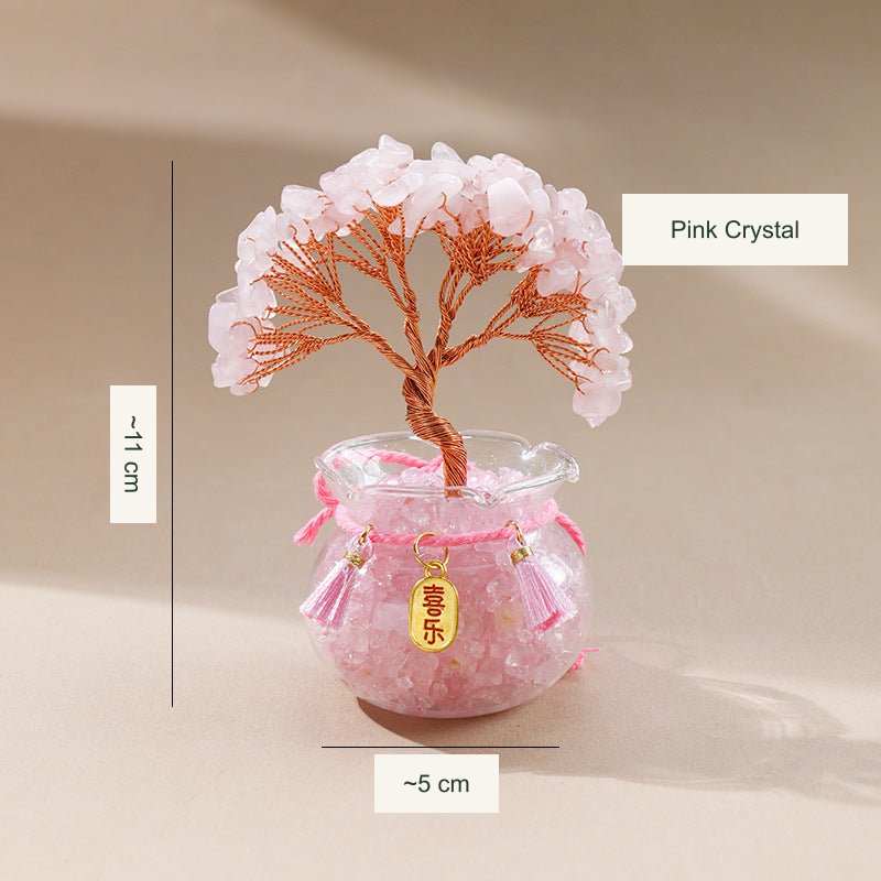 Original glass-jar stone tree photograph with equivalent English caption and size references; genuine charm inscriptions and product colors retained