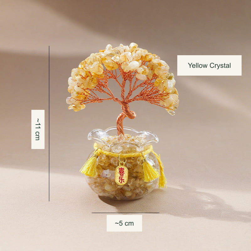 Original glass-jar stone tree photograph with equivalent English caption and size references; genuine charm inscriptions and product colors retained