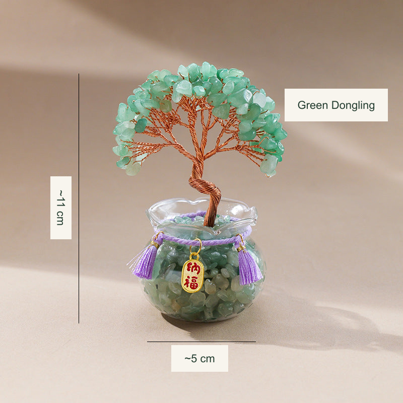 Original glass-jar stone tree photograph with equivalent English caption and size references; genuine charm inscriptions and product colors retained