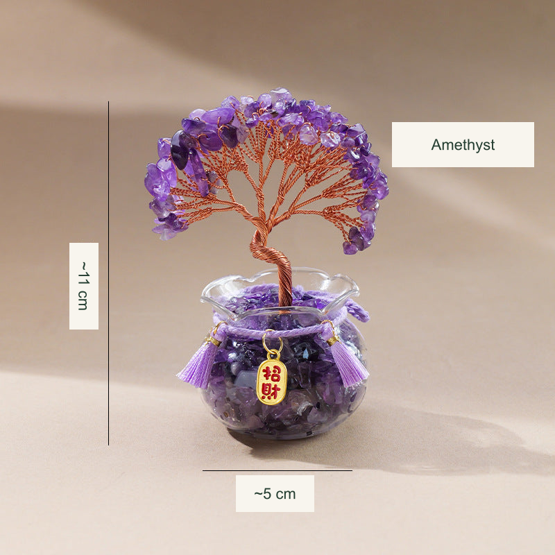 Original Amethyst glass-jar tree photograph; equivalent English approximate height 11 cm and pictured jar width 5 cm; genuine Chinese charm inscription retained