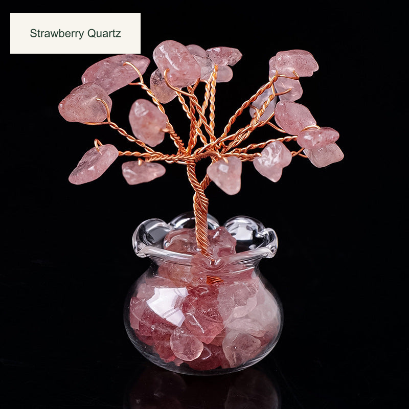 Original glass-jar stone tree photograph with equivalent English caption and size references; genuine charm inscriptions and product colors retained
