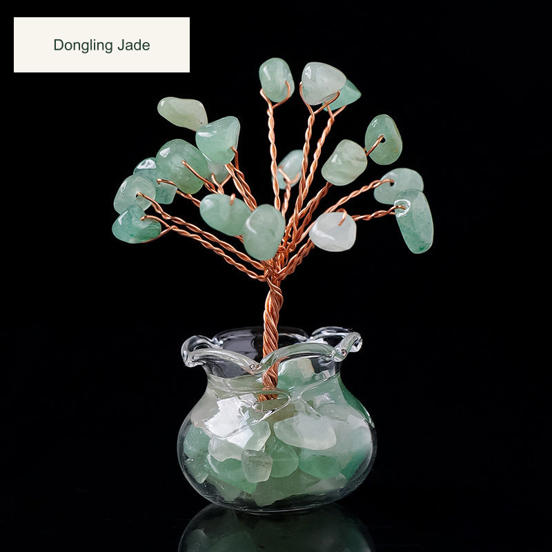 Original glass-jar stone tree photograph with equivalent English caption and size references; genuine charm inscriptions and product colors retained