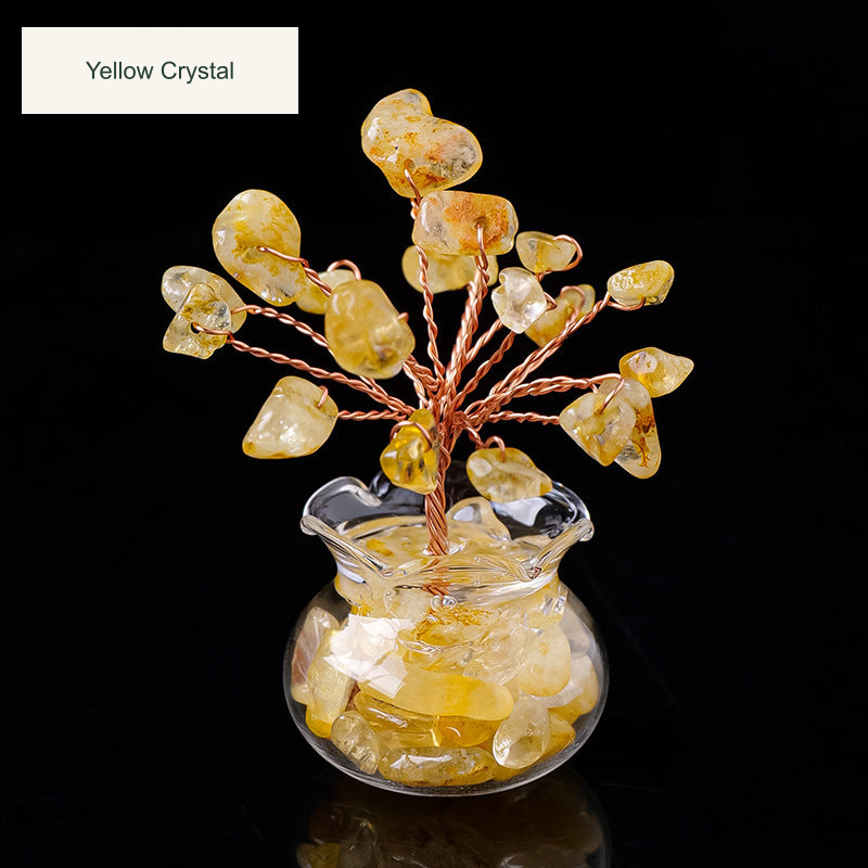 Original glass-jar stone tree photograph with equivalent English caption and size references; genuine charm inscriptions and product colors retained