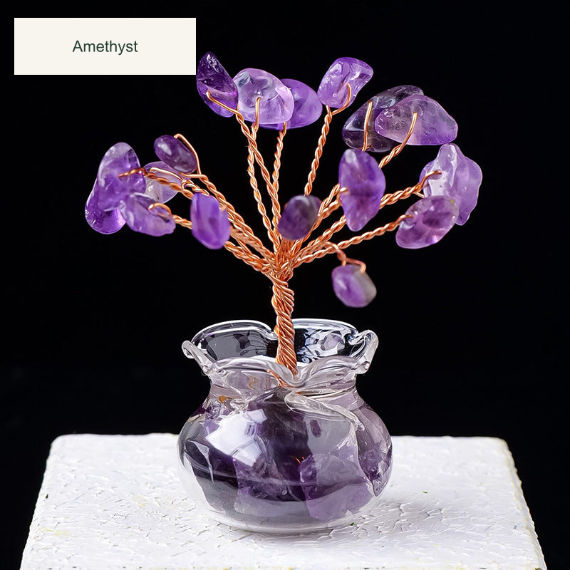 Original glass-jar stone tree photograph with equivalent English caption and size references; genuine charm inscriptions and product colors retained