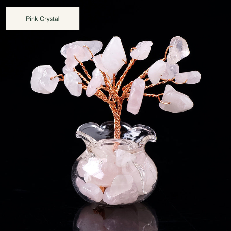 Original glass-jar stone tree photograph with equivalent English caption and size references; genuine charm inscriptions and product colors retained